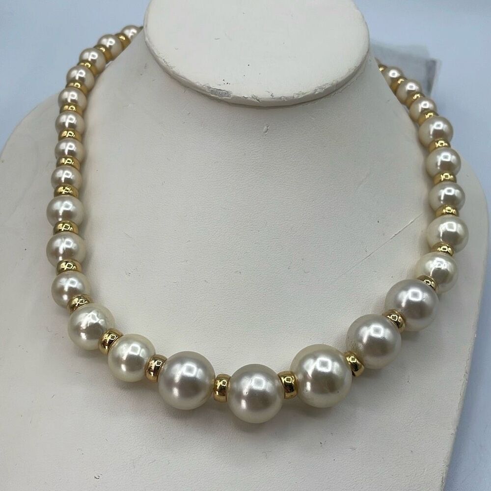 Vintage Napier glass graduated faux pearl with gold tone spacers necklace.